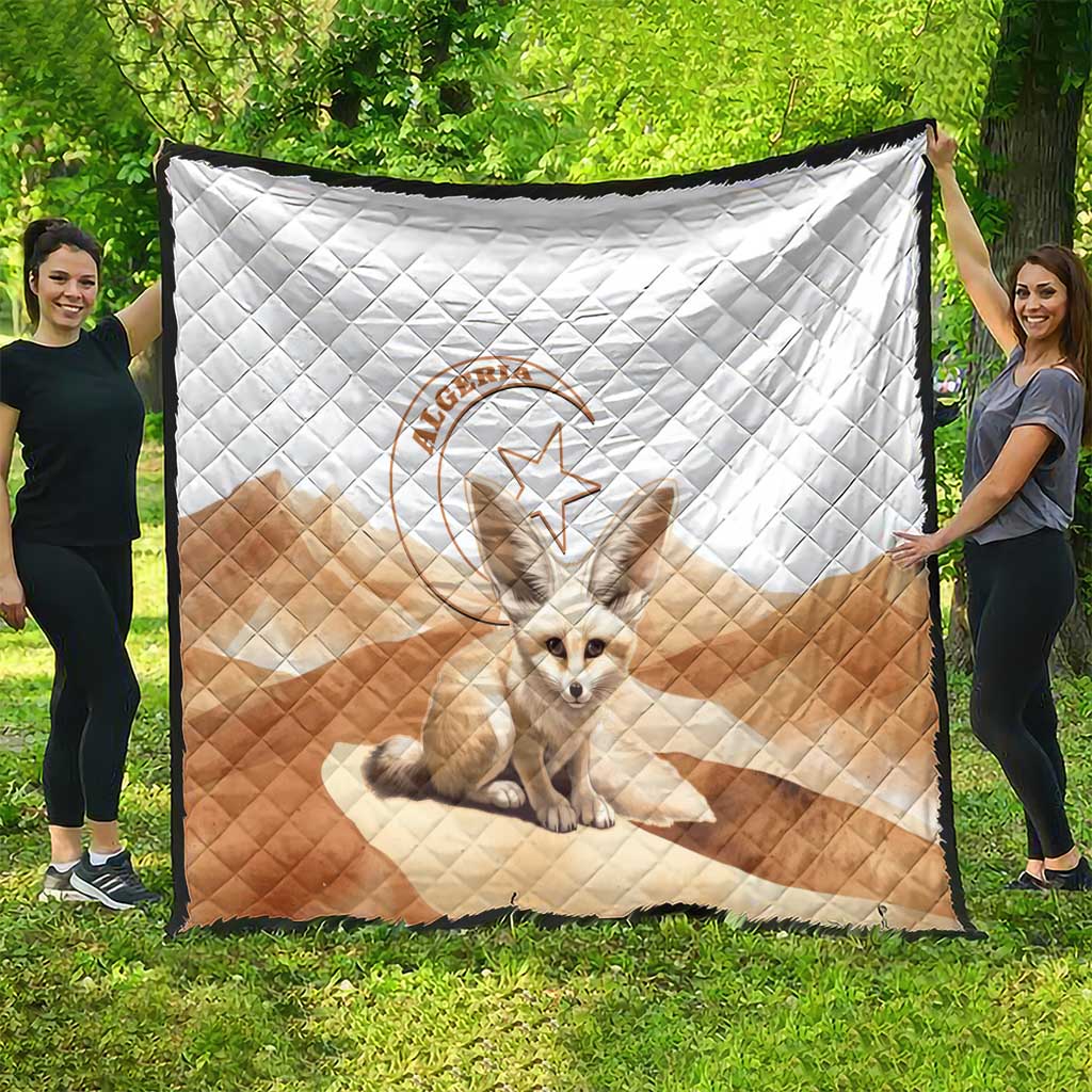 Algerian quilt blanket with white and tan diamond pattern and centered fennec fox artwork