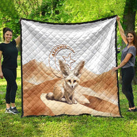Algerian quilt blanket with white and tan diamond pattern and centered fennec fox artwork