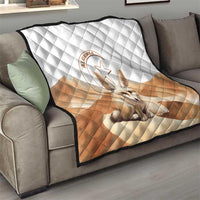 Sofa quilt blanket with white diamond stitching, tan lower section, and fennec fox print