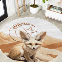 Round carpet rug with printed fennec fox and Algeria text, beige and white