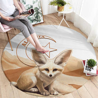 Round carpet rug with fennec fox face illustration, Algeria emblem, beige and white