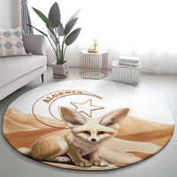 Round carpet rug featuring fennec fox with star, Algeria logo, white and tan tones
