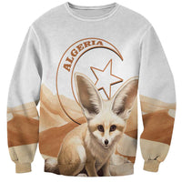 White unisex crewneck sweatshirt with fennec fox front graphic and Algerian emblem