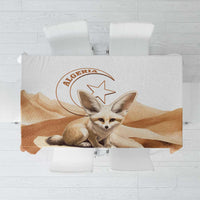 White tablecloth with fennec fox and Algeria graphic, desert sand and mountain scene.