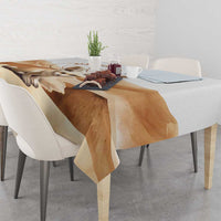 Rectangular tablecloth with fennec fox desert graphic draped over table corner.