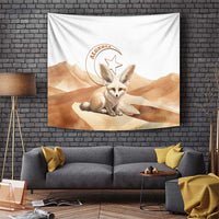 White Algeria tapestry with fennec fox on desert sand and Algeria emblem in rust
