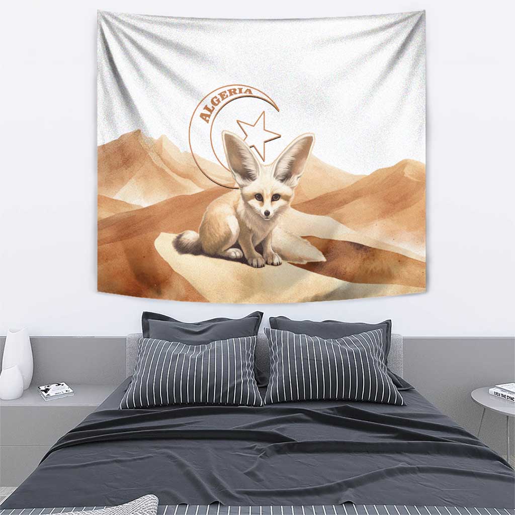 White wall tapestry featuring a fennec fox on desert dunes with Algeria emblem