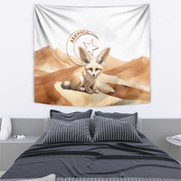 White wall tapestry featuring a fennec fox on desert dunes with Algeria emblem