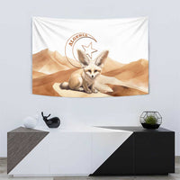 White tapestry with a fennec fox front view over warm desert dunes and Algeria logo