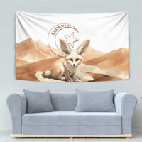 White wall tapestry with fennec fox and desert dunes, centered Algeria emblem