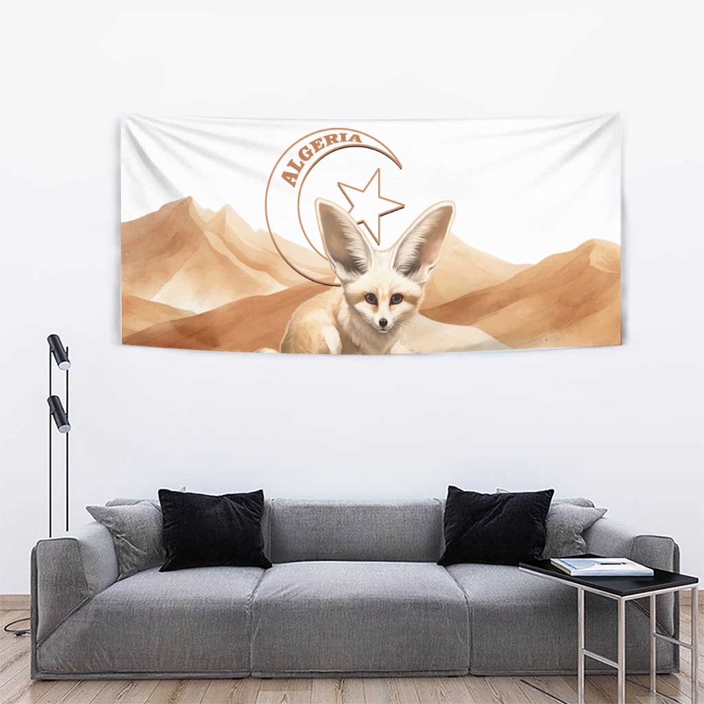 White hanging tapestry showing fennec fox lying on desert sand with Algeria emblem