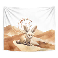 Close view: white Algeria tapestry with fennec fox face, desert dunes, and emblem