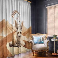 White curtain panel featuring desert fox artwork and tan desert stripe graphic across the fabric.