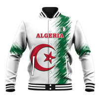 White full-zip baseball jacket with ribbed black trim and Algeria crest graphic