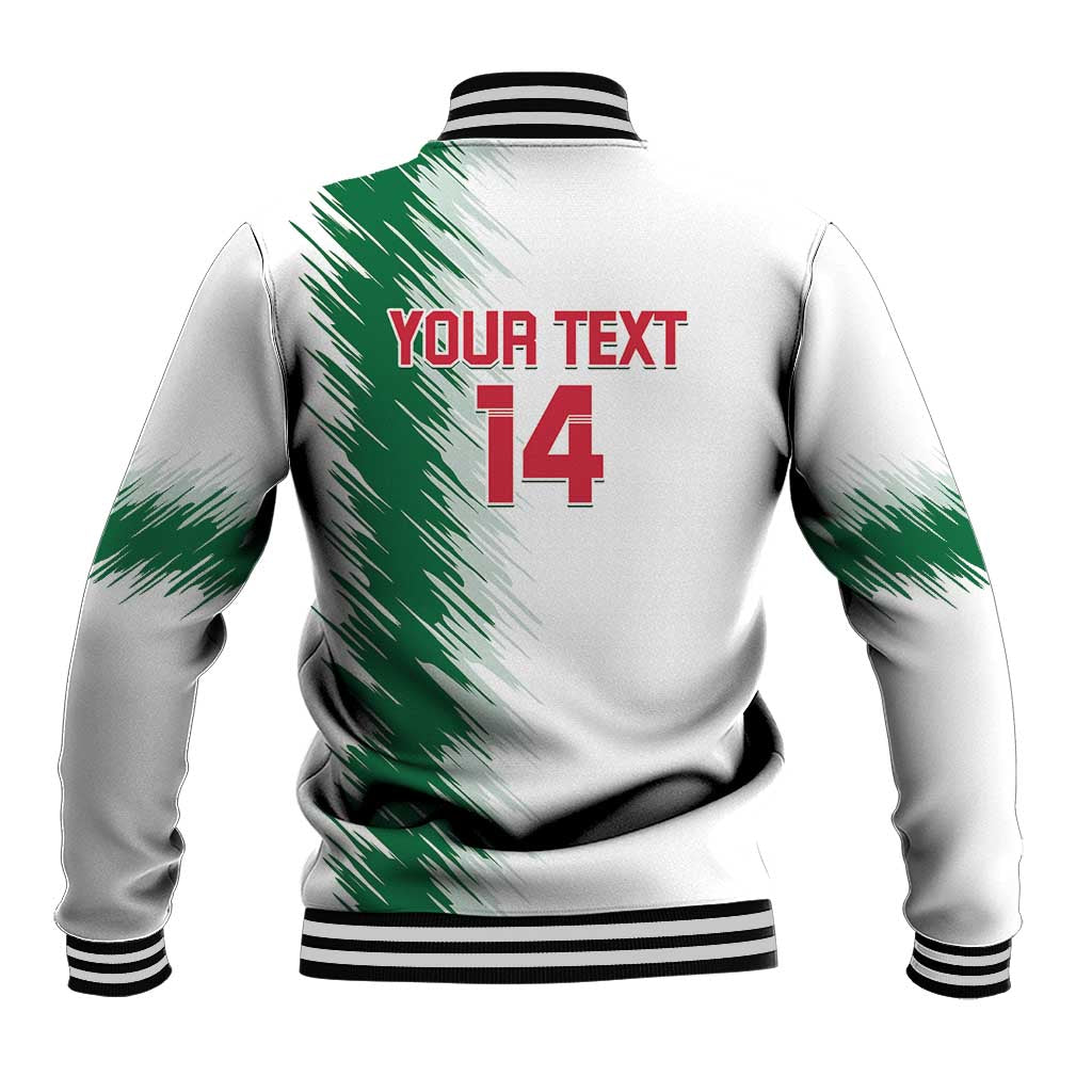 White baseball jacket back with ribbed black trim, green splash and YOUR TEXT 14
