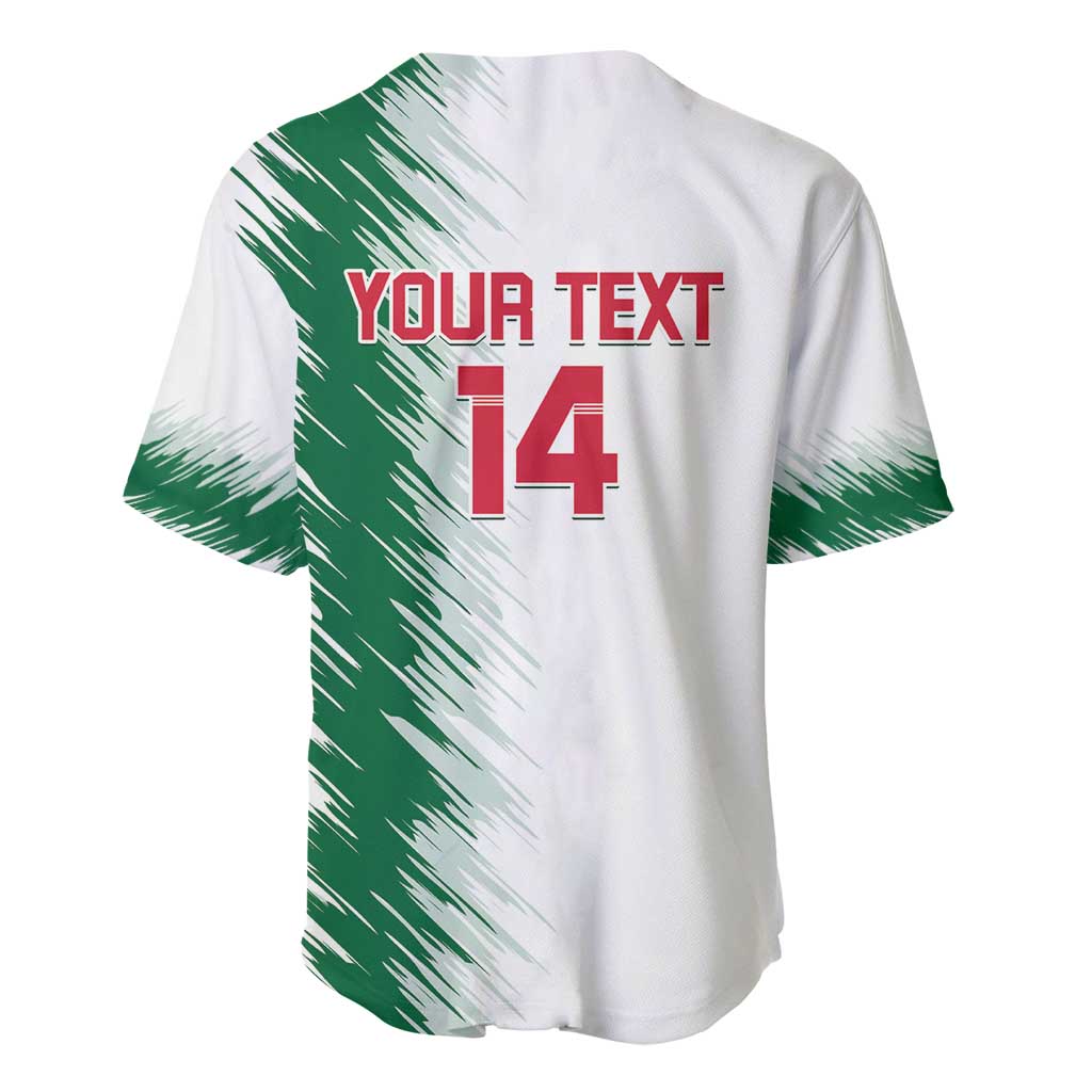 White baseball jersey back with green slash print and red 'YOUR TEXT' and '14'