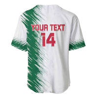 White baseball jersey back with green slash print and red 'YOUR TEXT' and '14'