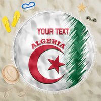 Round white beach blanket with Algeria emblem, 'YOUR TEXT' header, green/red design, fringe