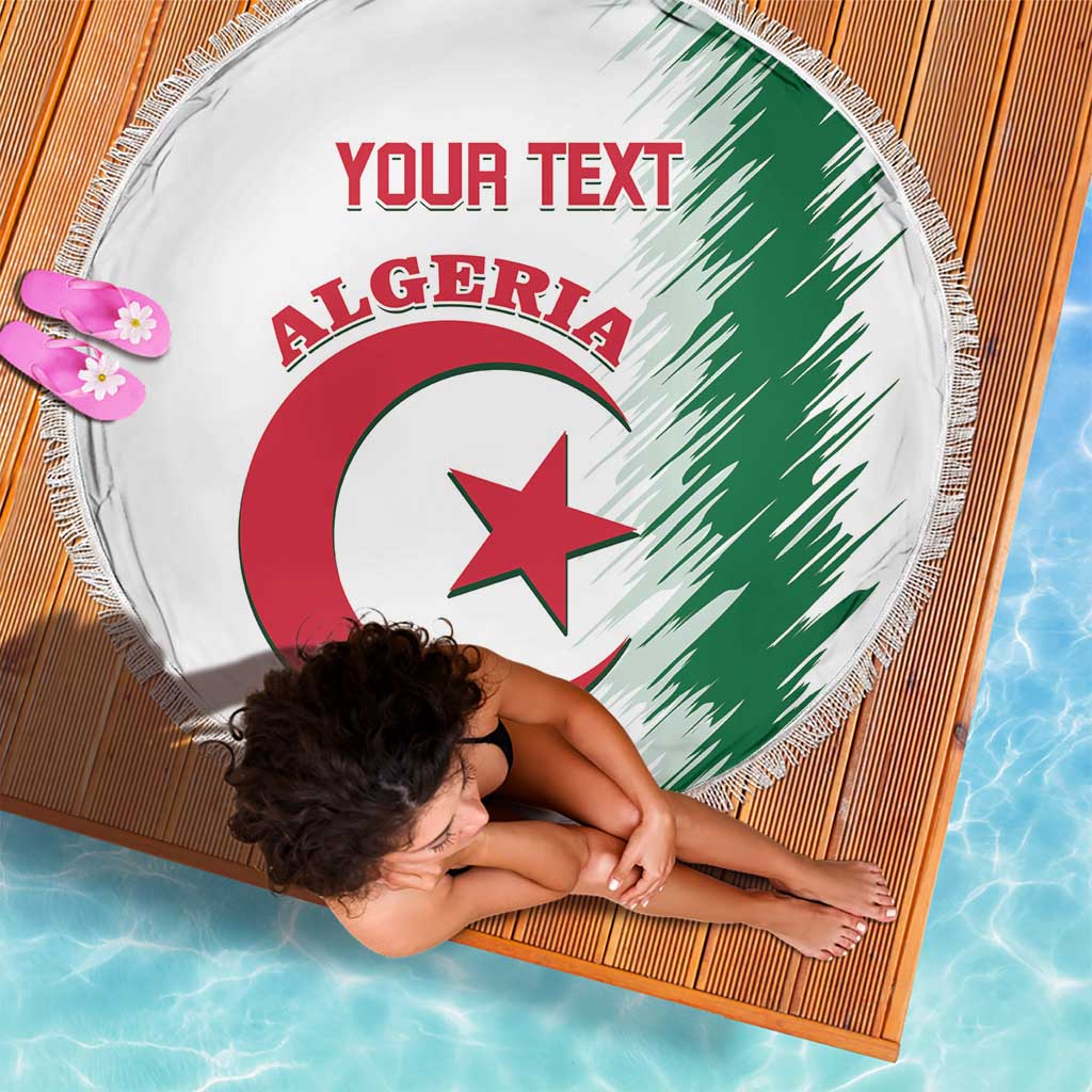 Round white Algeria beach blanket with 'YOUR TEXT' and red/green crest, fringed border