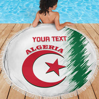 Round white beach blanket featuring Algeria emblem, 'YOUR TEXT' text, and fringed edge