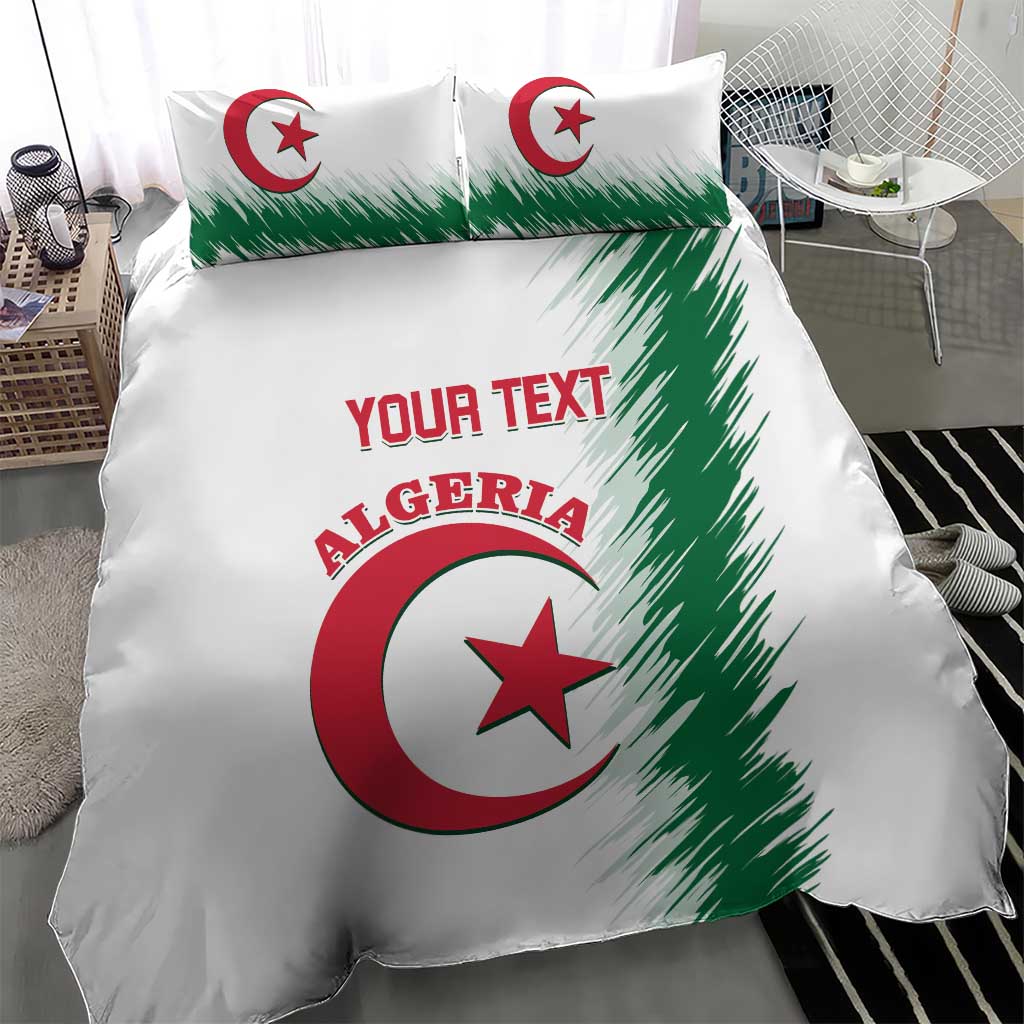 White duvet and two pillowcases featuring Algeria crest: red crescent, star, green streaks