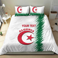 White bedding set with Algeria emblem; red crescent star and green streaks on duvet and pillows