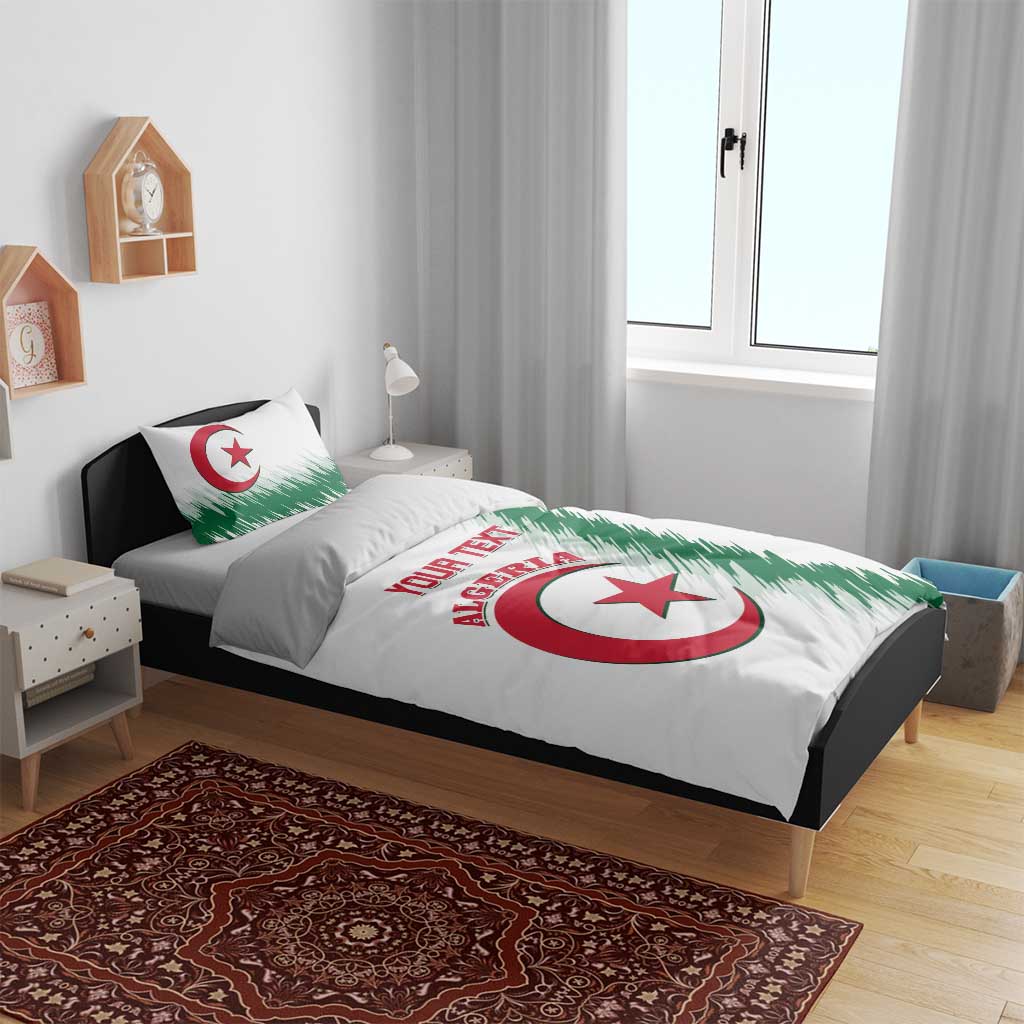 White Algeria football bedding set on bed: duvet with crest and two pillowcases, green streaks
