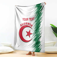 White Algeria football blanket draped on floor, green diagonal stripes and “YOUR TEXT”