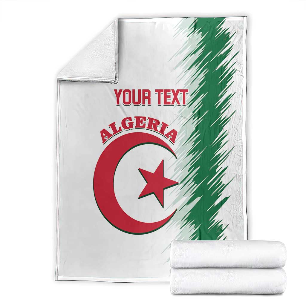 Folded white Algeria football blanket set with green streaks and “YOUR TEXT” on top