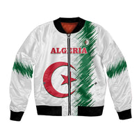 White Algeria football bomber jacket with green brush graphics, front zip, black cuffs