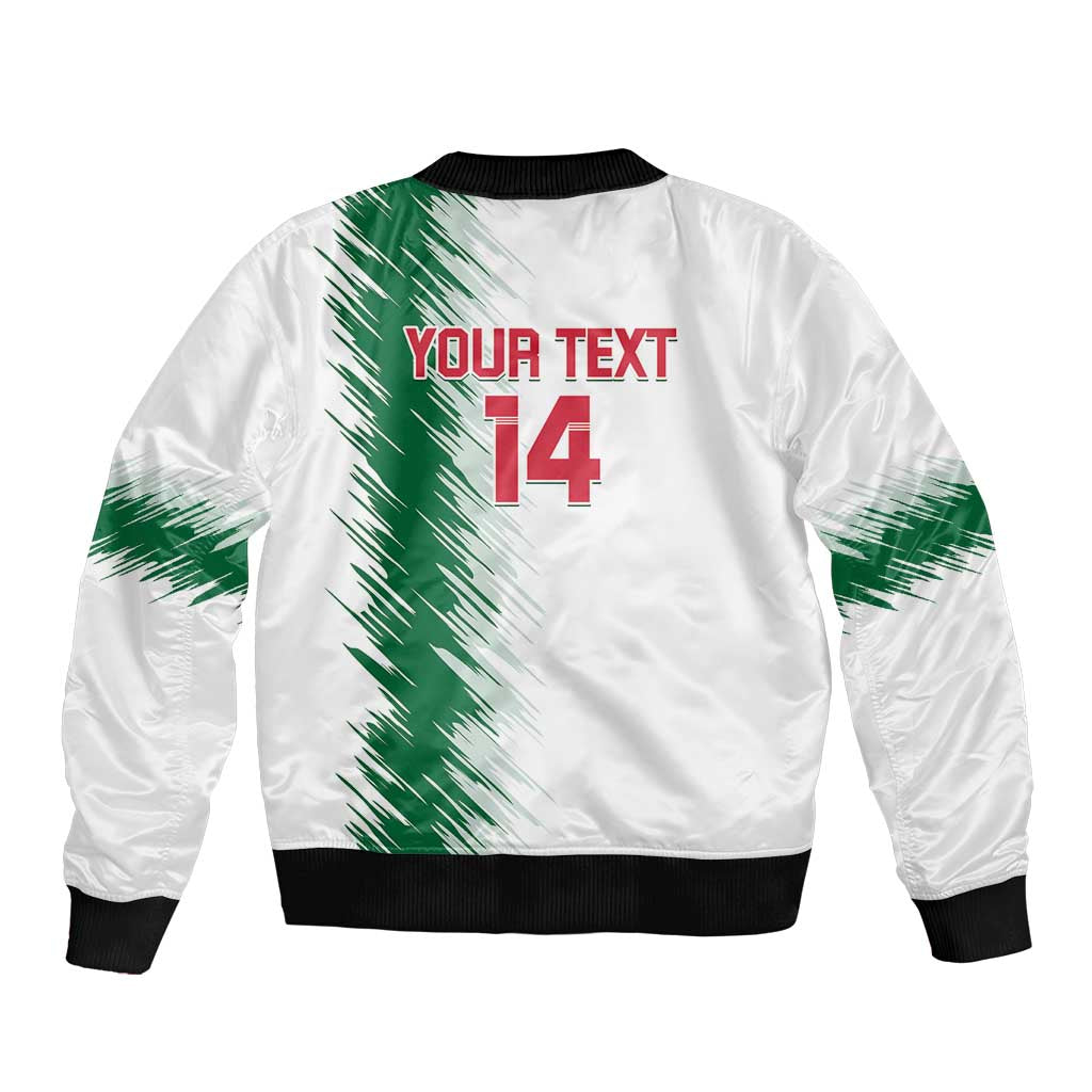 White Algeria bomber jacket with back print 'YOUR TEXT' and '14', green streak graphics