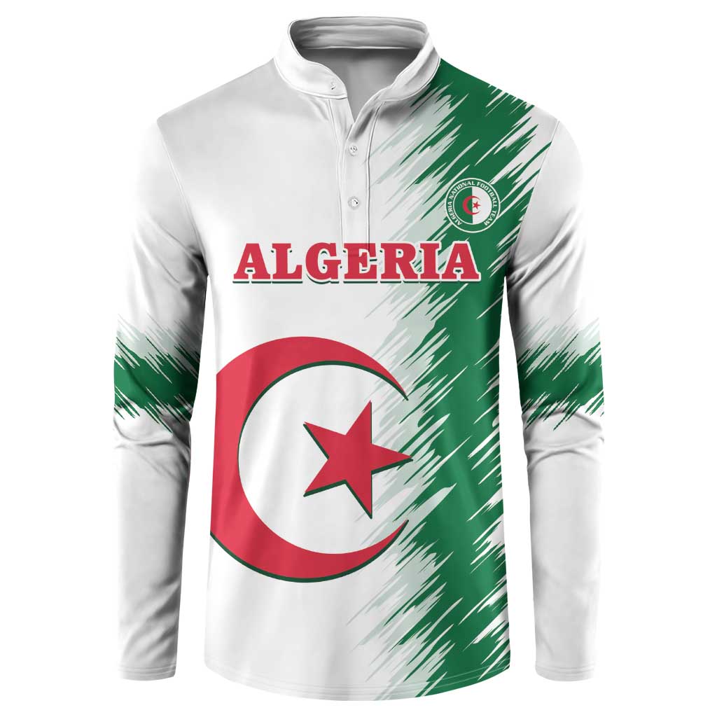 White henley sweatshirt with Algeria crest, green splash sleeves, front button placket
