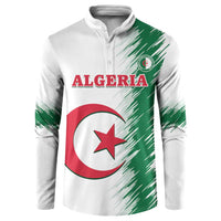 White henley sweatshirt with Algeria crest, green splash sleeves, front button placket