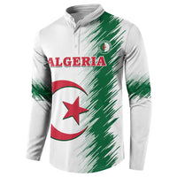 White henley sweatshirt with Algeria crest and green splash sleeves, side view button placket
