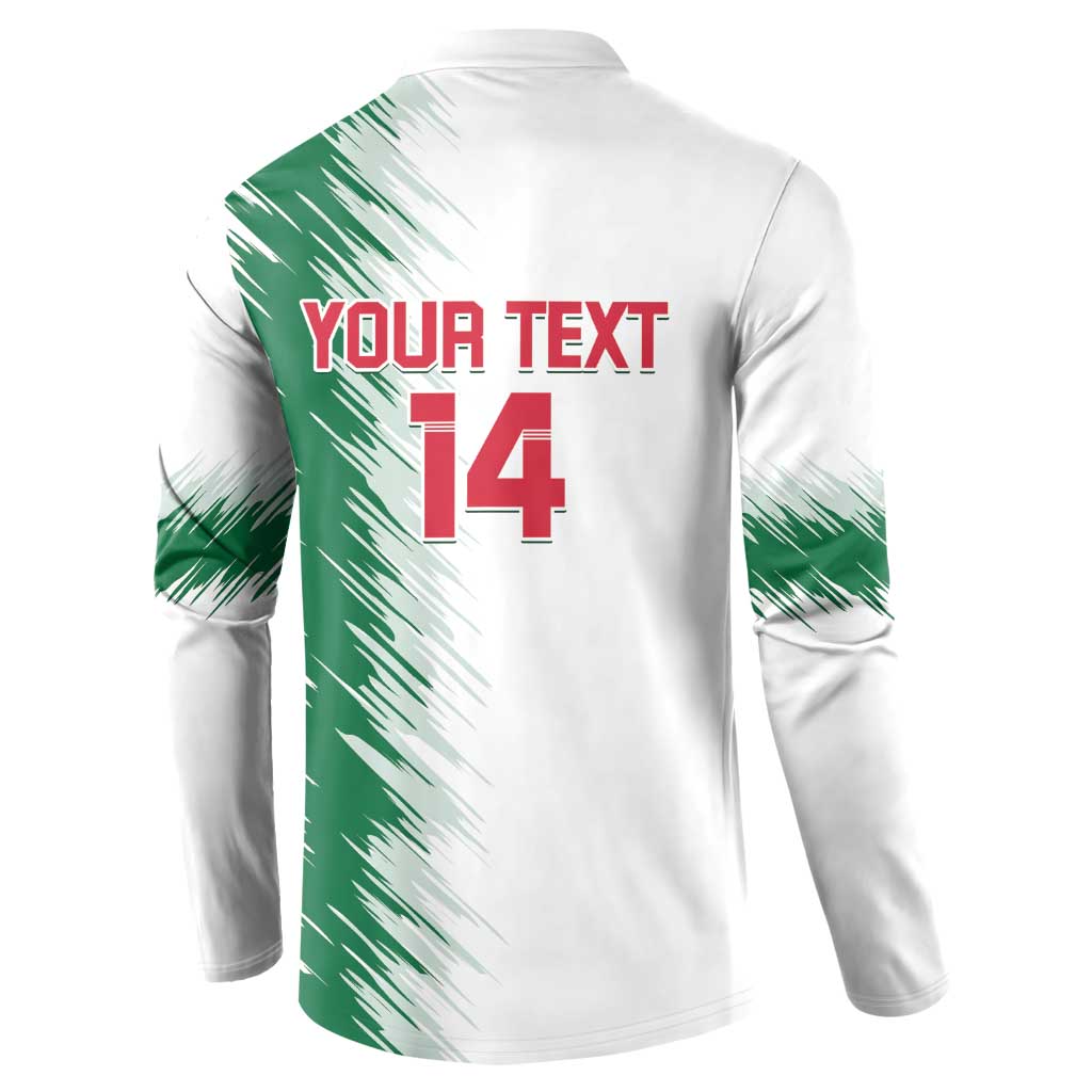 White back henley with green splash graphic and 'YOUR TEXT 14' print