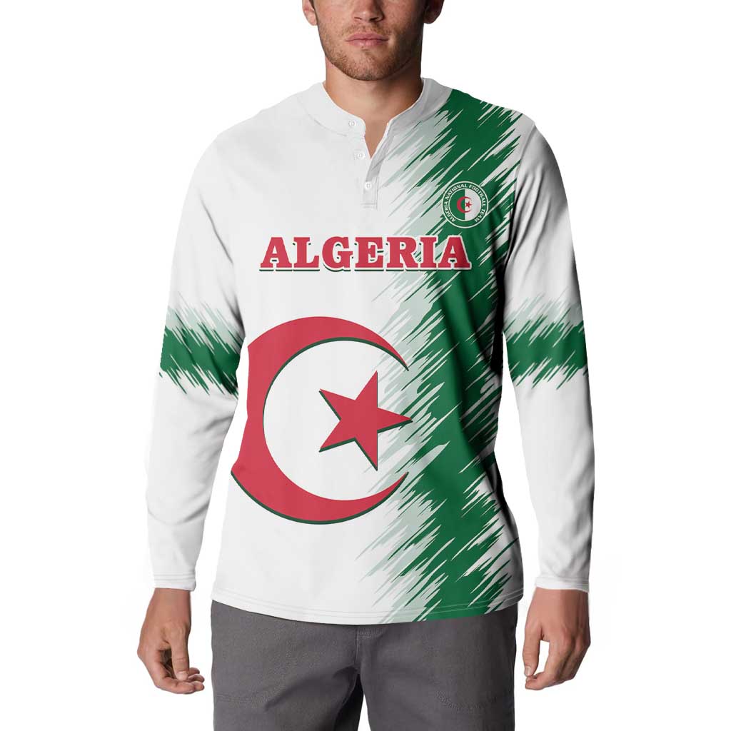 White Algeria henley with front crest graphic and green splash side panels