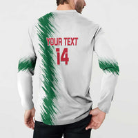 White back henley with 'YOUR TEXT 14' print and green splash side panels