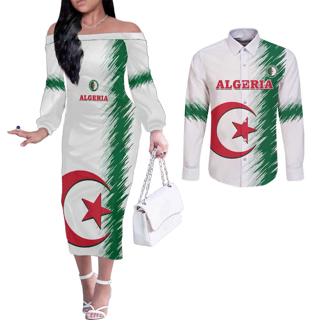 Custom Algeria Football Couples Matching Off The Shoulder Long Sleeve Dress and Long Sleeve Button Shirt Go The Greens