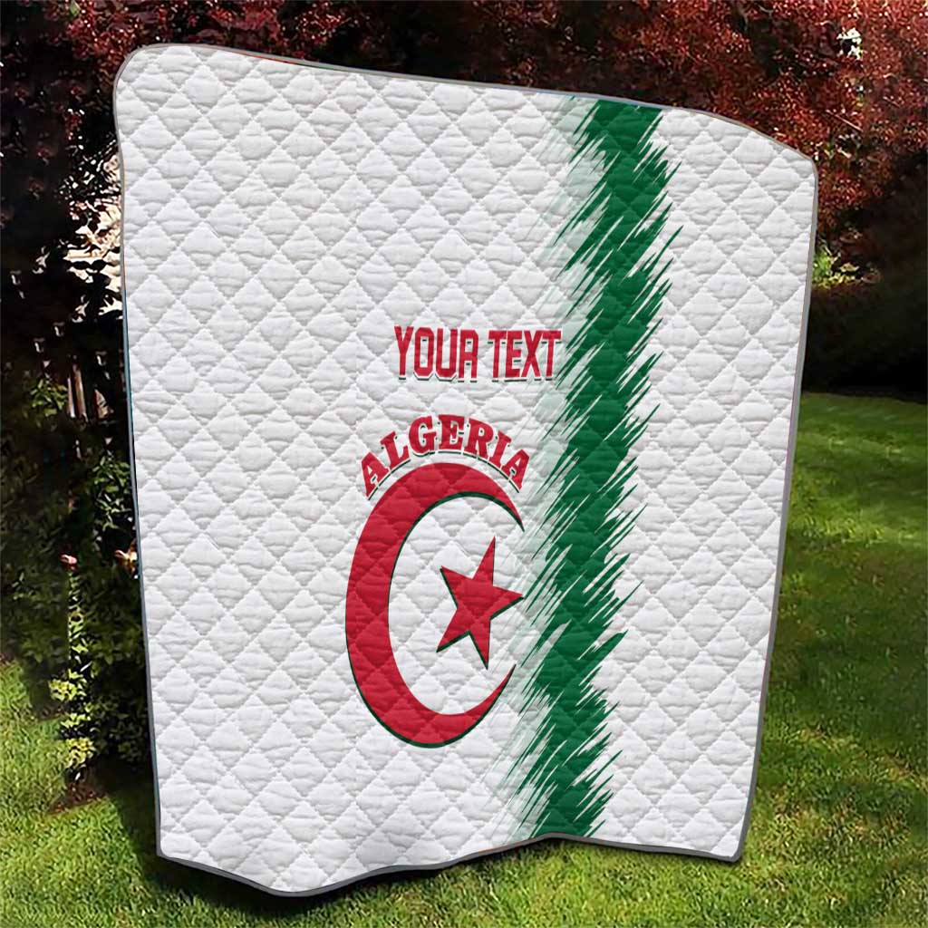 Square white quilt with quilted texture, Algeria logo, green brush stripe, red “YOUR TEXT”