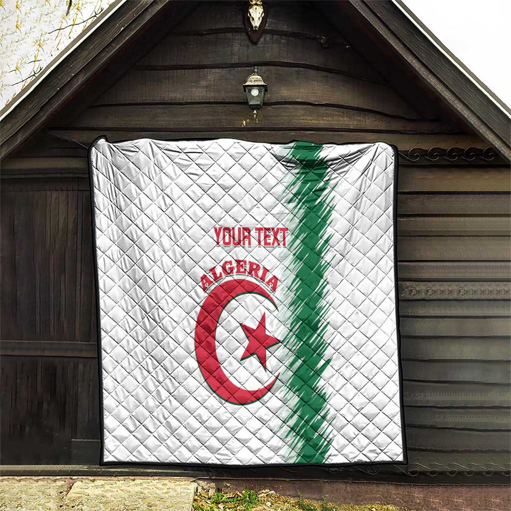 White quilt with quilted diamonds, Algeria crest and green stripe, red “YOUR TEXT”