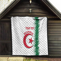 White quilt with quilted diamonds, Algeria crest and green stripe, red “YOUR TEXT”