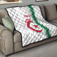 White quilt with quilted diamond pattern, Algeria crest, green stripe, red “YOUR TEXT”