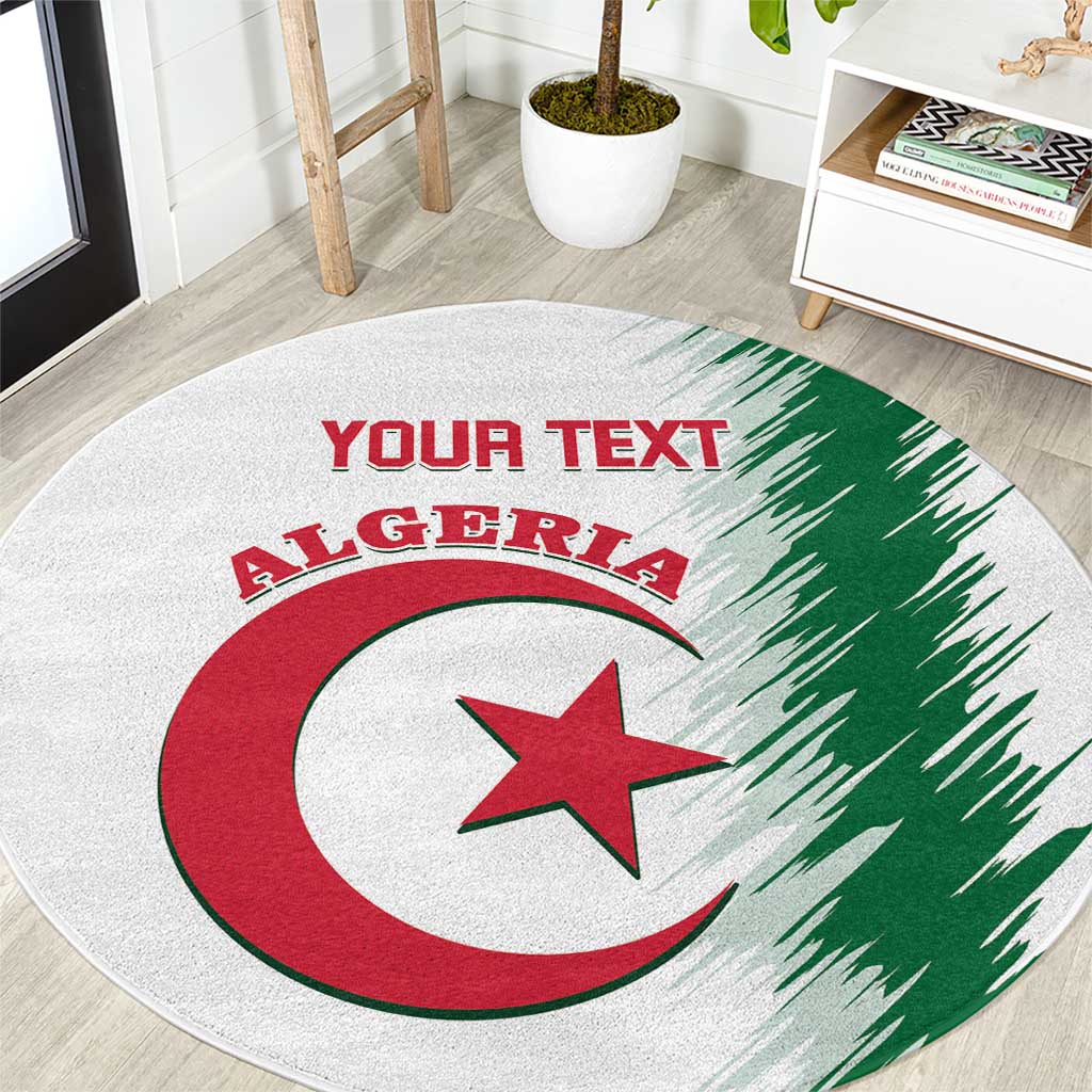 Round rug with Algeria flag graphic, red crescent and star, green stripes; custom text.