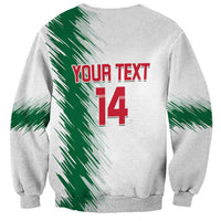 Unisex football sweatshirt back, white with green brush print and 'YOUR TEXT' 14