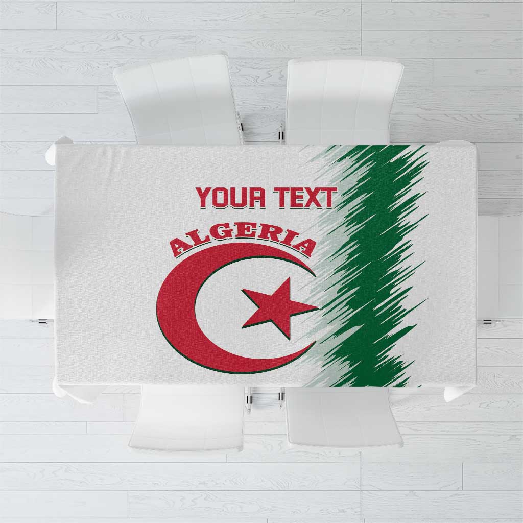 White football tablecloth with Algeria emblem and green brush stripes, custom text panel