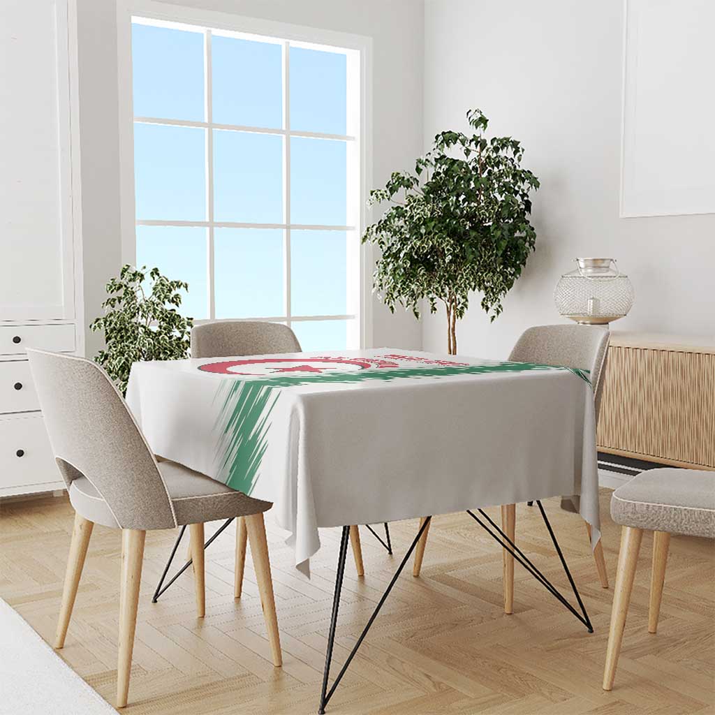 White Algeria football tablecloth with green stripe design on dining table