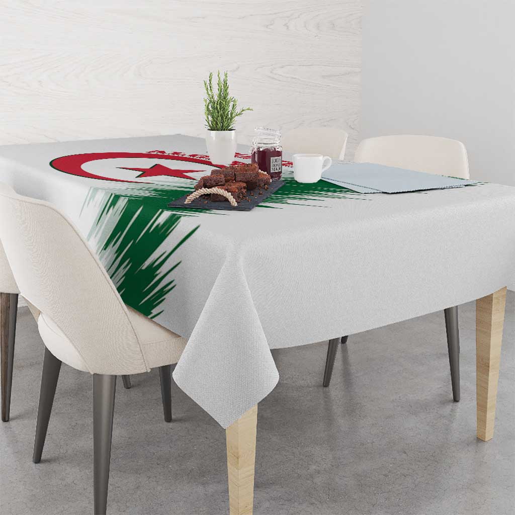 White Algeria tablecloth with green brush stripe graphic draped over table