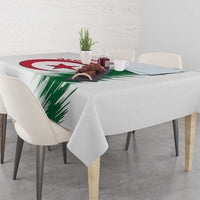 White Algeria tablecloth with green brush stripe graphic draped over table