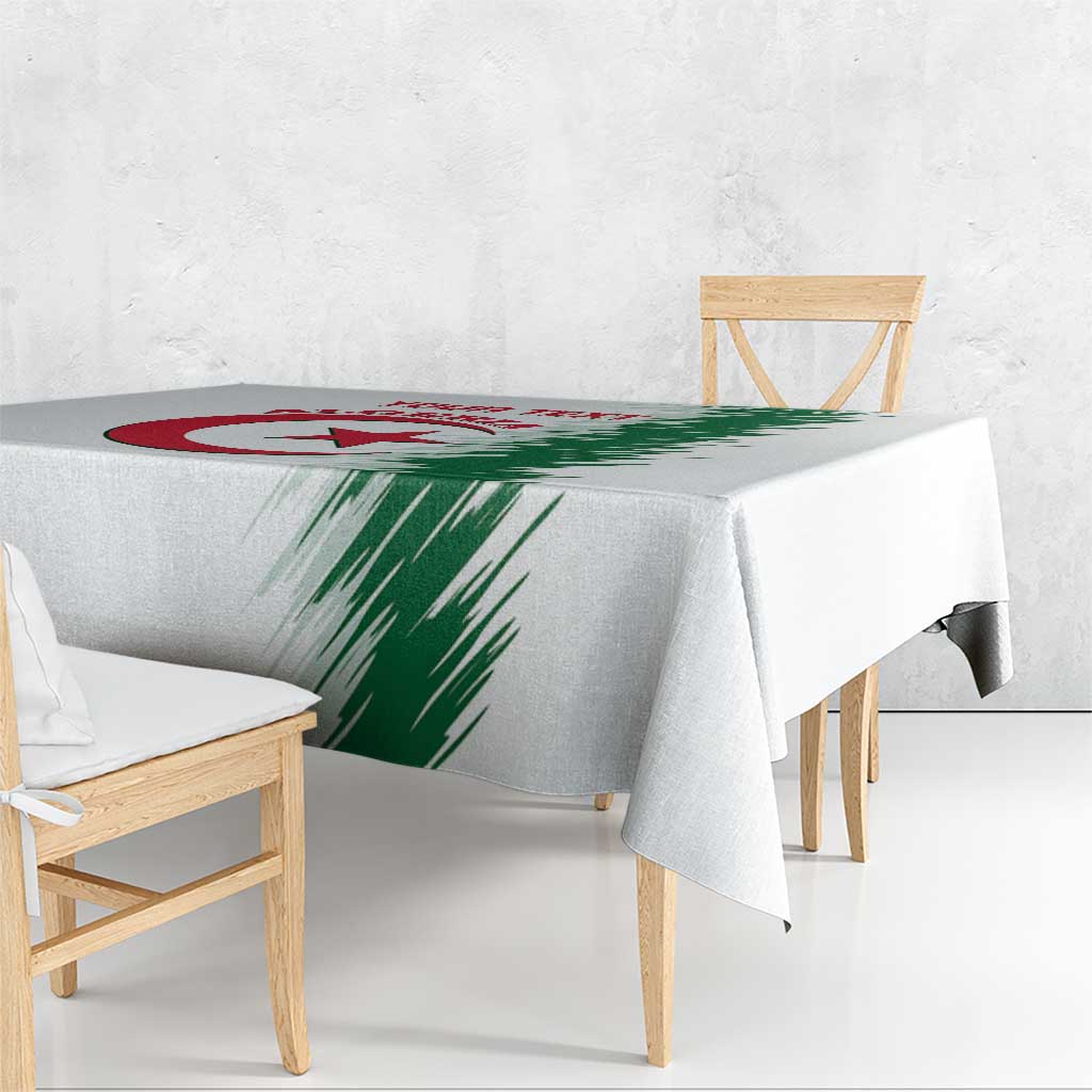 White tablecloth with Algeria crest and green stripe motif, corner drape