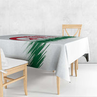 White tablecloth with Algeria crest and green stripe motif, corner drape